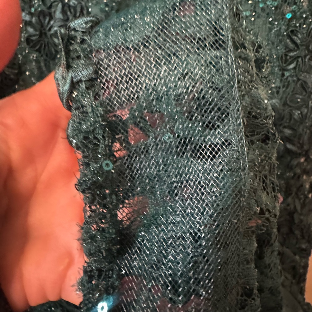 Xscape Dark Green Off-Shoulder Sequin Lace Maxi Dress - Picture 6 of 10